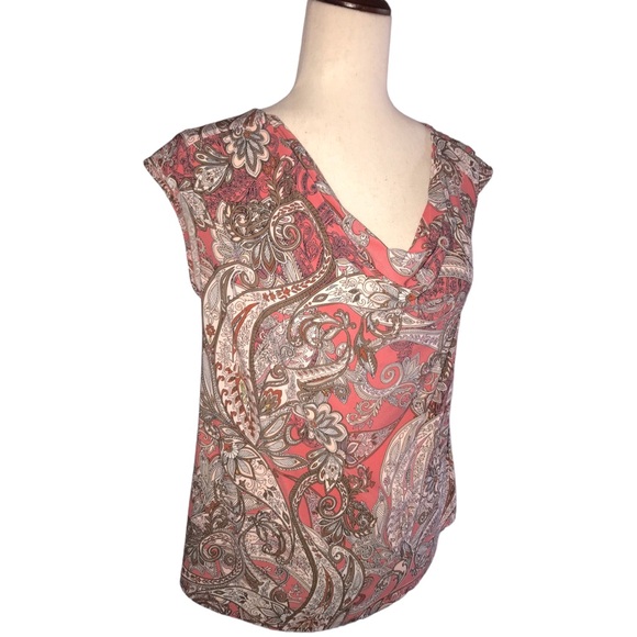 Roz & Ali Paisley Blouse Cap Sleeves Size Medium Coral Brown Cream Drape Front - Picture 9 of 13